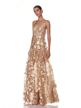 Nude Floral Appliqué Maxi Dress with Spaghetti Straps